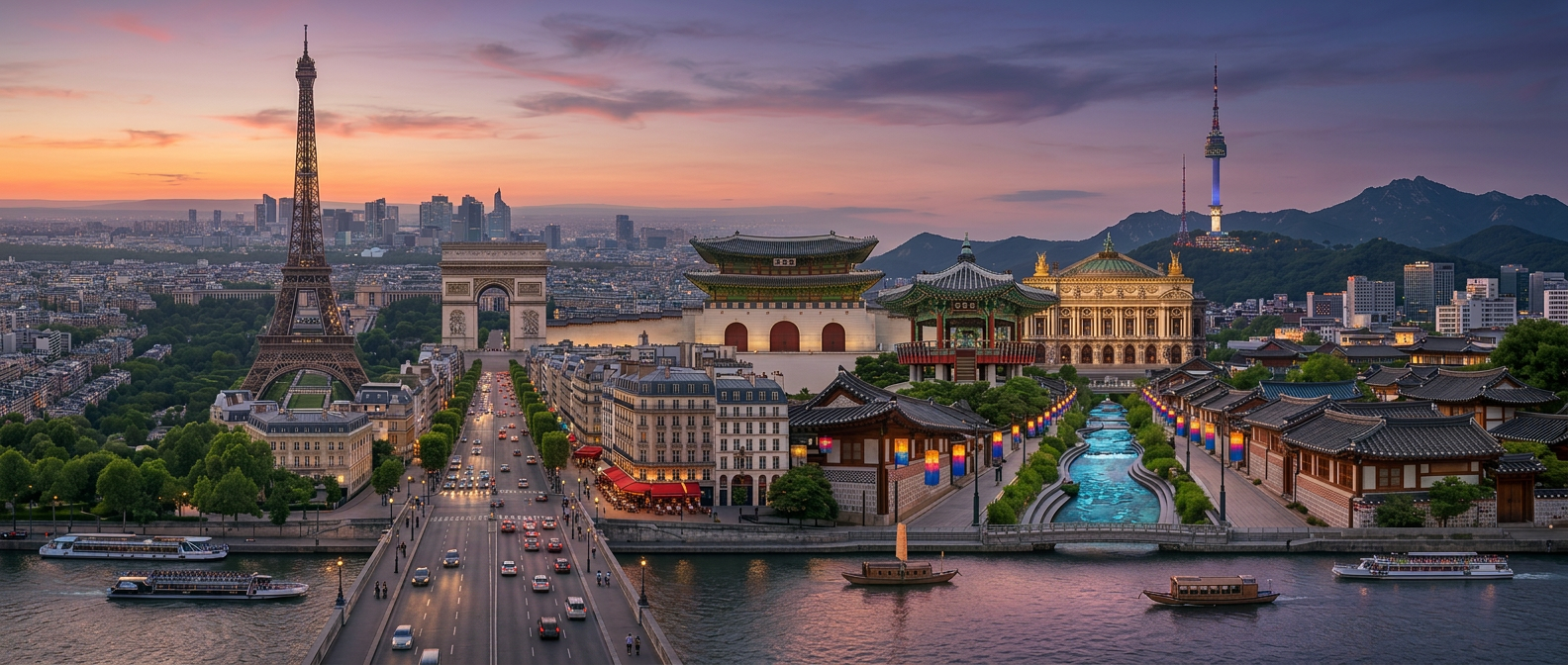Eiffel Tower, Arc de Triomphe, and Paris buildings merging with traditional Korean architecture and Seoul skyline